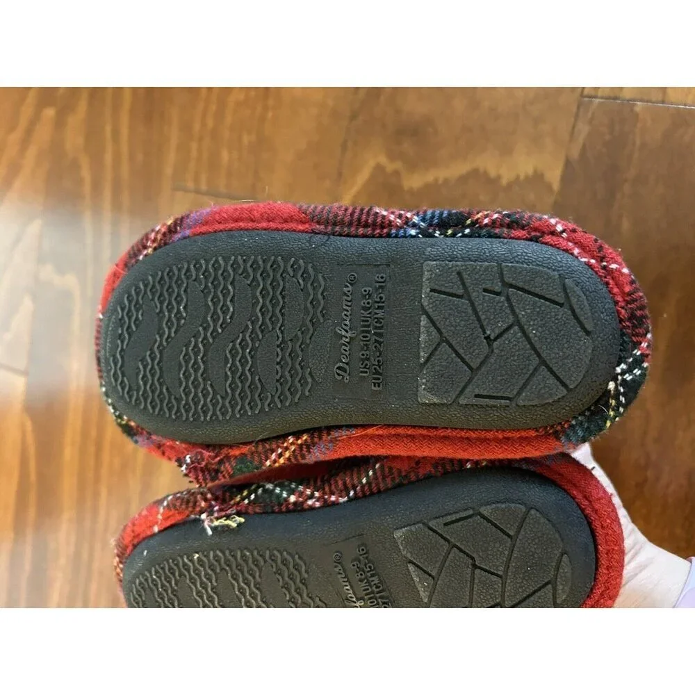 Dearfoams Kids Toddler  Little Kids Lil Bear‎ Plaid Red Slippers NEW 9-10  US